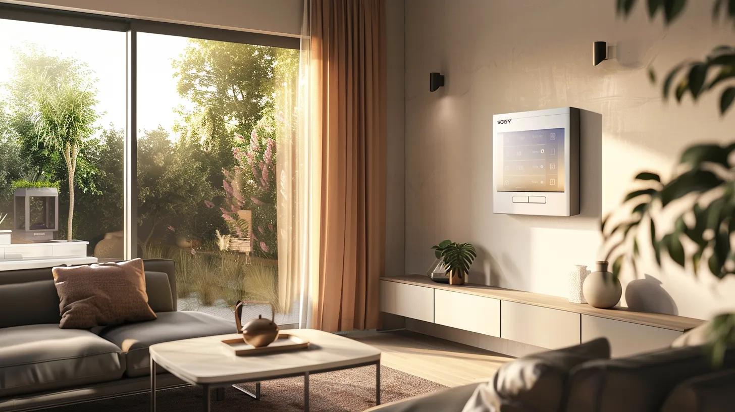 a sleek, modern living room equipped with integrated hvac controls displays an interactive smart thermostat on the wall, showcasing a clear digital interface that highlights energy efficiency and personalized climate zones for an optimal home living experience. a sleek, modern living room equipped with integrated hvac controls displays an interactive smart thermostat on the wall, showcasing a clear digital interface that highlights energy efficiency and personalized climate zones for an optimal home living experience.