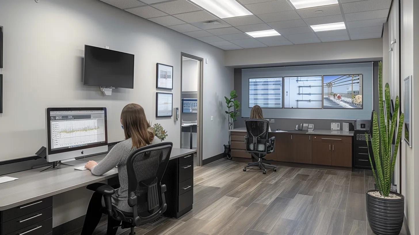 a sleek, modern office environment features a customer service representative engaging with a client over a computer, surrounded by digital reports showcasing hvac maintenance details and before-and-after photos, all under bright, professional lighting. a sleek, modern office environment features a customer service representative engaging with a client over a computer, surrounded by digital reports showcasing hvac maintenance details and before-and-after photos, all under bright, professional lighting.