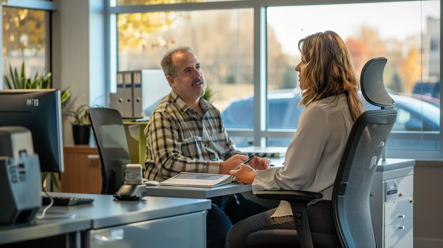 a sleek, modern office setup showcases a professional hvac technician discussing efficient solutions with a client at a well-organized desk, illuminated by soft, focused lighting that emphasizes their attentive interaction. a sleek, modern office setup showcases a professional hvac technician discussing efficient solutions with a client at a well-organized desk, illuminated by soft, focused lighting that emphasizes their attentive interaction.
