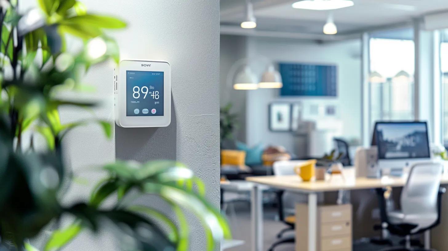 a sleek, modern office showcasing a wall-mounted smart thermostat alongside high-tech hvac components, illuminated by crisp overhead lighting, embodies the essence of advanced hvac technology and energy efficiency. a sleek, modern office showcasing a wall-mounted smart thermostat alongside high-tech hvac components, illuminated by crisp overhead lighting, embodies the essence of advanced hvac technology and energy efficiency.