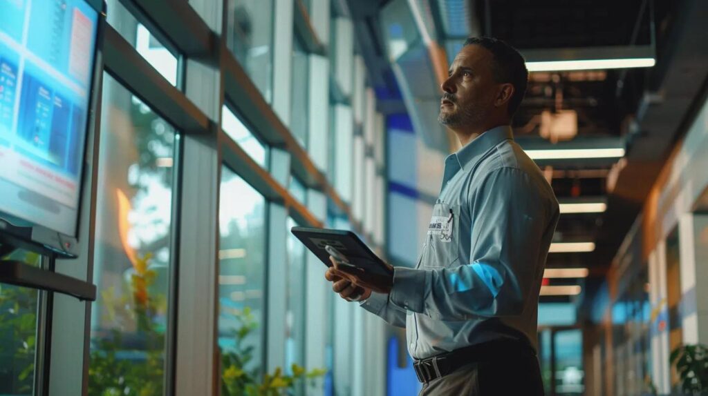 a sleek, modern office space in woodbridge, nj, featuring a confident hvac technician inspecting high-efficiency equipment, surrounded by polished metal and digital displays highlighting delco air's industry-leading technology.