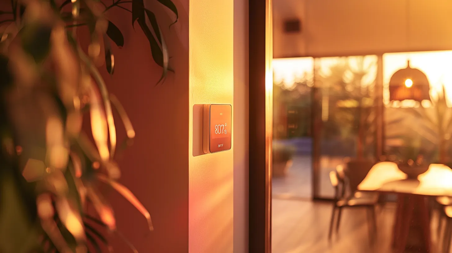 a sleek smart thermostat mounted on a stylish wall in a modern home, bathed in warm, inviting light, showcases the theme of energy efficiency and advanced comfort for homeowners.