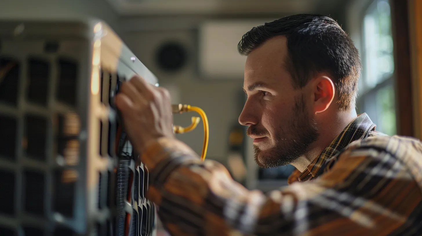 a striking image of a modern hvac technician inspecting an air conditioning unit in a well-lit new jersey home, highlighting the intricate details of the system amidst a backdrop of residential comfort.