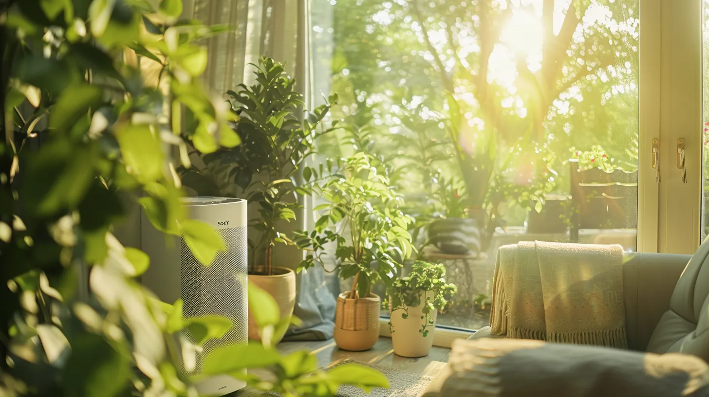 a sunlit living room filled with fresh, flowing air, featuring an elegant air purifier, lush green plants, and a window open to a vibrant outdoor landscape, symbolizing improved indoor air quality.