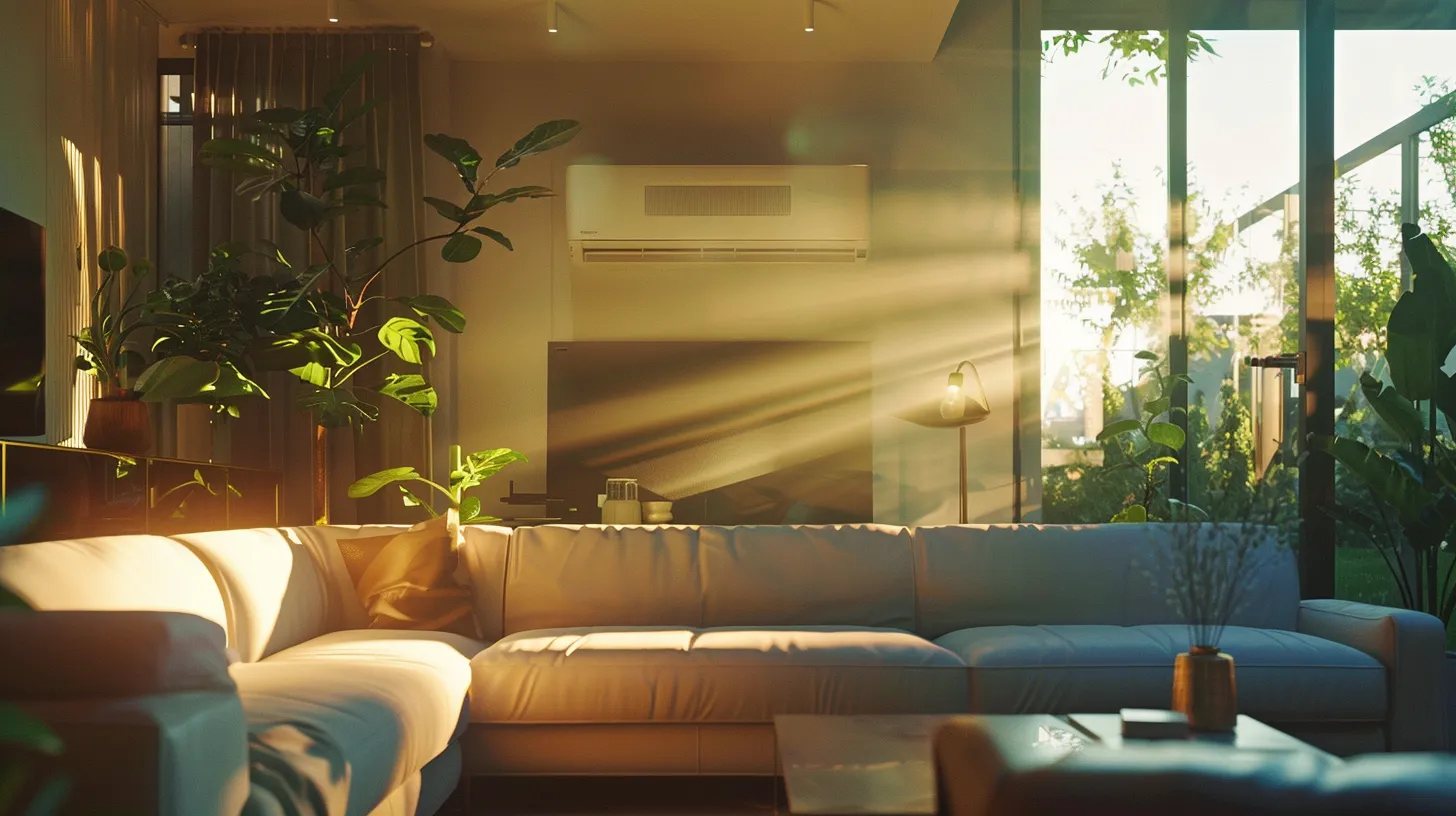 a sunlit, modern home interior showcases a sleek hvac system and advanced air filtration units, emphasizing a fresh and healthy living environment filled with the calming hues of green and blue.