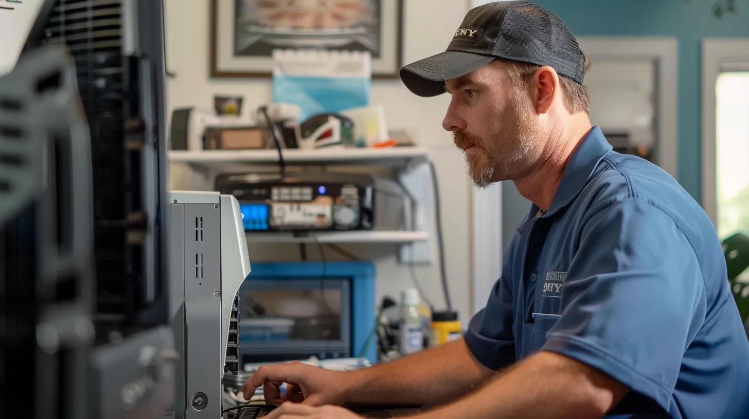 a technician in a modern, well-lit office setting expertly operates advanced diagnostic equipment on a residential air conditioning unit, showcasing a thorough repair process that emphasizes efficiency and cooling optimization. a technician in a modern, well-lit office setting expertly operates advanced diagnostic equipment on a residential air conditioning unit, showcasing a thorough repair process that emphasizes efficiency and cooling optimization.