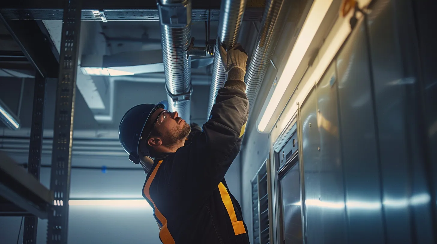 a technician in a sleek office with modern hvac equipment carefully inspects a high-tech air duct system, illuminated by bright overhead lights, emphasizing the urgency and professionalism of fast repair services in a bustling urban commercial environment. a technician in a sleek office with modern hvac equipment carefully inspects a high-tech air duct system, illuminated by bright overhead lights, emphasizing the urgency and professionalism of fast repair services in a bustling urban commercial environment.