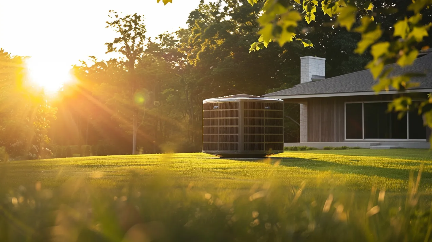 a vibrant and inviting new jersey home showcases a sleek, modern air conditioning unit amidst a lush green landscape, illuminated by warm afternoon sunlight, symbolizing comfort and energy efficiency.