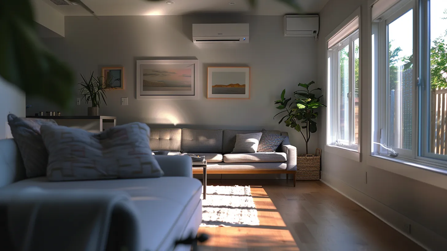 a vibrant photo of a modern ductless heating system installed in a new jersey home, showcasing its sleek design and efficient performance under warm, ambient lighting, with visible signs of care and maintenance nearby.