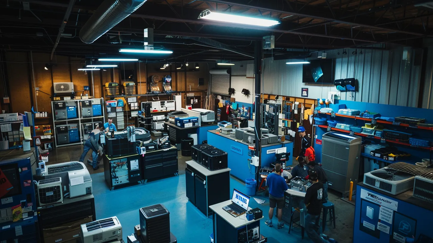 a vibrant scene of a bustling hvac repair service center, showcasing technicians diligently working on air conditioning units, surrounded by informative displays of pricing comparisons and special offers under bright, inviting lighting. a vibrant scene of a bustling hvac repair service center, showcasing technicians diligently working on air conditioning units, surrounded by informative displays of pricing comparisons and special offers under bright, inviting lighting.