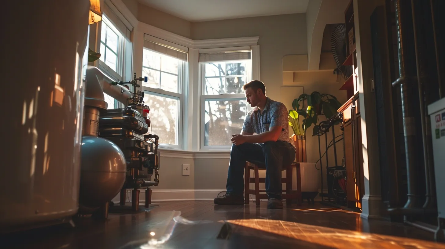 a warm and inviting interior showcases a skilled technician inspecting a modern heating system, bathed in soft natural light, illustrating the careful assessment and tailored installation process in a new jersey home.