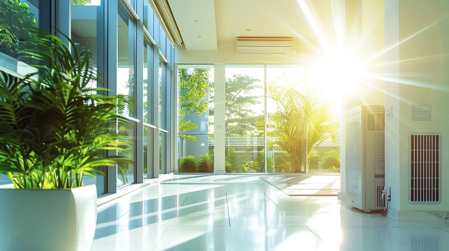 a well-maintained hvac system is showcased in a bright, modern living space, with sunlight filtering through large windows to highlight the clean, efficient air ducts and the comfort it brings to the indoor atmosphere.