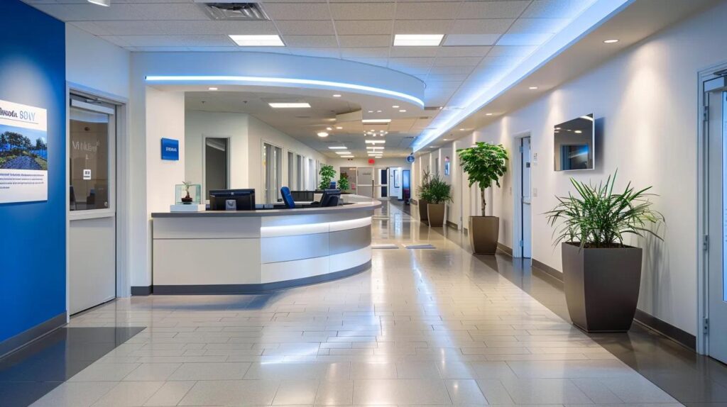 a bustling office reception area in manalapan, nj, featuring a sleek, modern desk adorned with promotional material for affordable hvac services, illuminated by bright overhead lighting that conveys a sense of professionalism and efficiency.