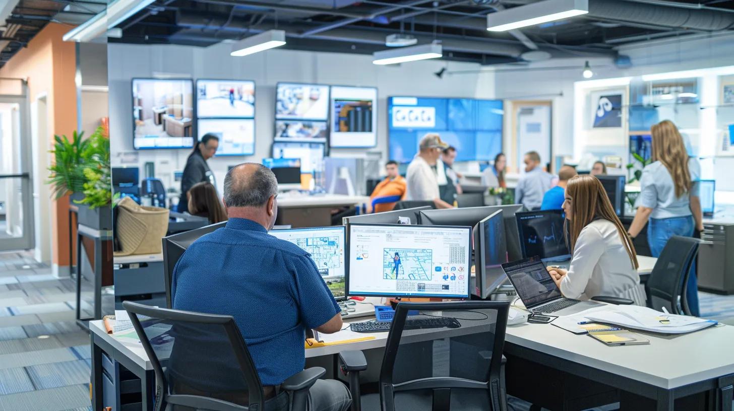 a bustling urban office setting showcases air conditioning contractors engaged in a conference, reviewing detailed service plans and maintenance contracts, with clear blueprints and digital displays highlighting their commitment to ensuring indoor comfort for cranford nj residents.