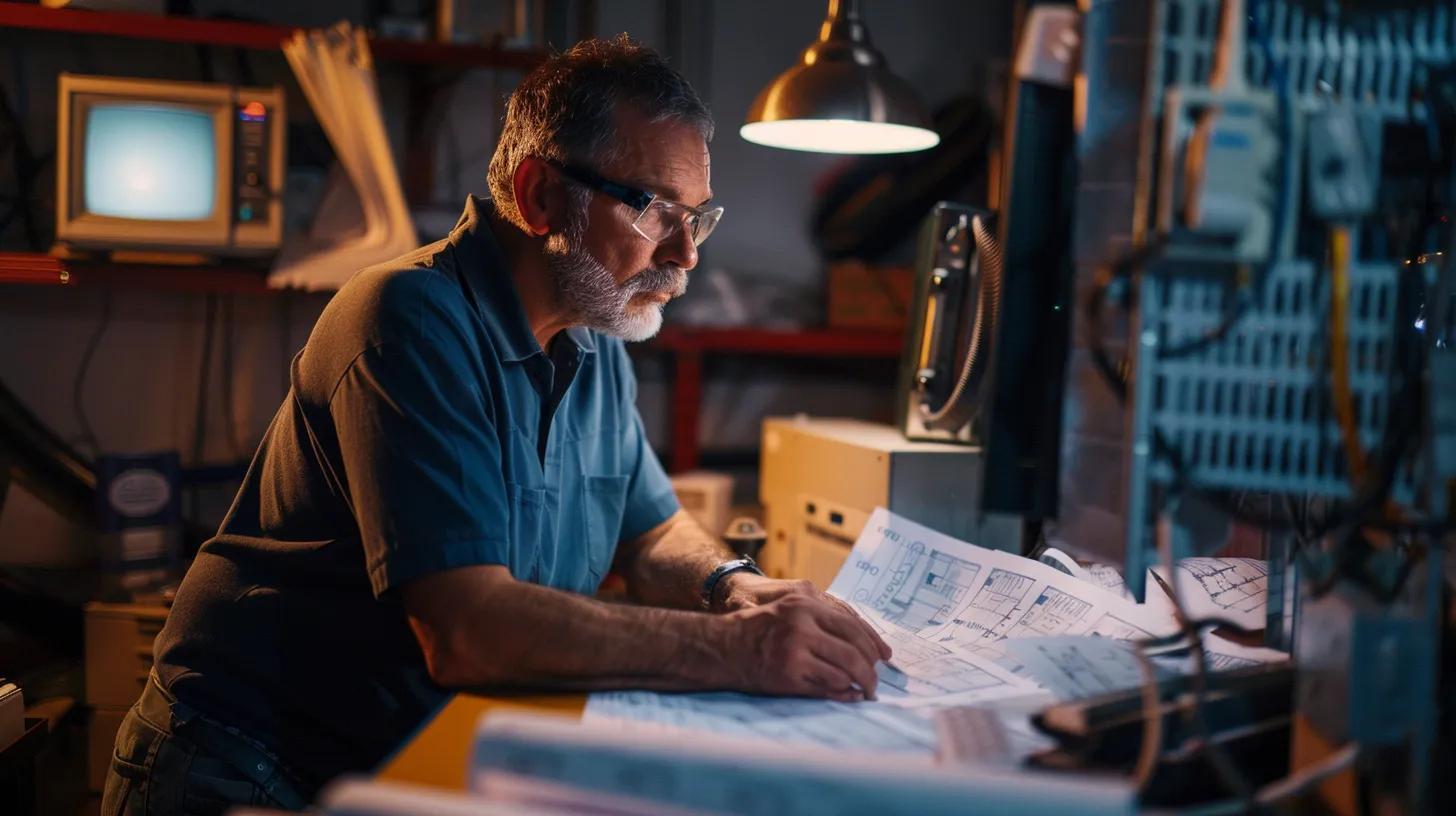 a certified hvac technician in a modern cranford, nj office, intently examining advanced diagnostic equipment, surrounded by blueprints and hvac schematics, embodying a precise and systematic approach to identifying system issues.