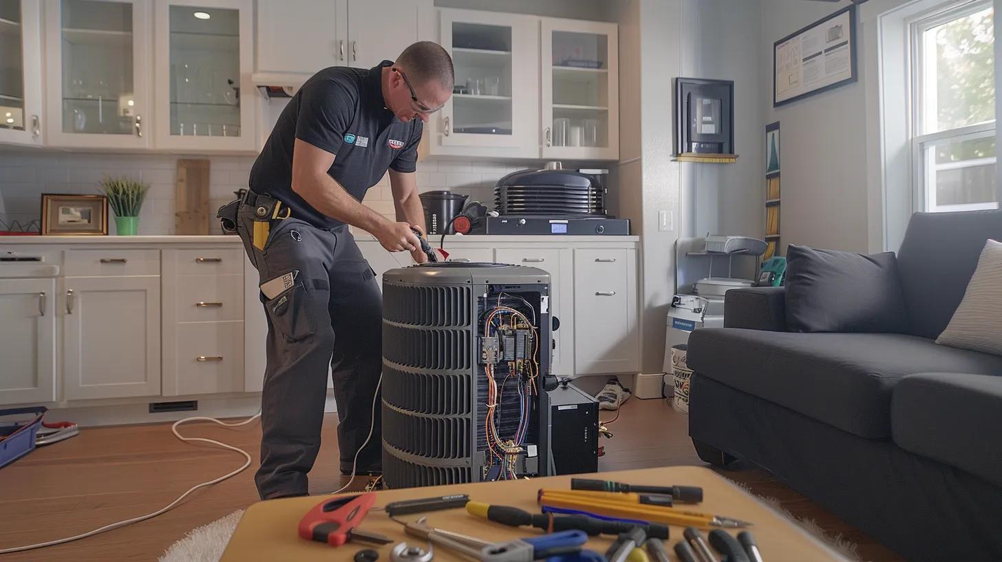 a clean, modern residential living room with an hvac technician efficiently diagnosing a sleek, contemporary heating and cooling unit, surrounded by tools and diagnostic equipment, highlighting the professionalism and expertise of delco air's repair services in monroe, nj.