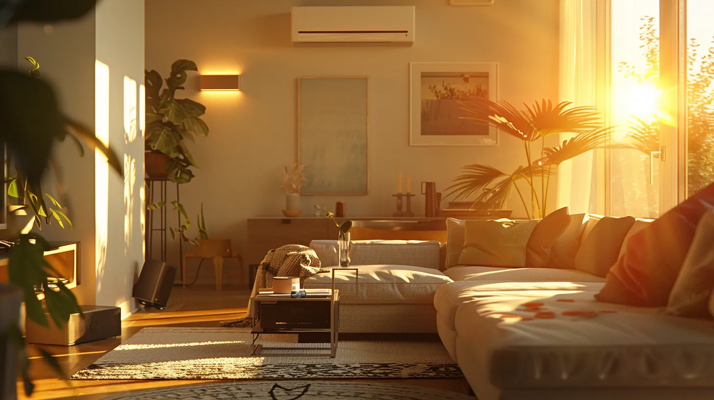a cozy, sunlit living room showcases a modern smart thermostat, luxurious insulation, and an energy-efficient heat pump, emphasizing the harmonious blend of comfort and sustainability. a cozy, sunlit living room showcases a modern smart thermostat, luxurious insulation, and an energy-efficient heat pump, emphasizing the harmonious blend of comfort and sustainability.