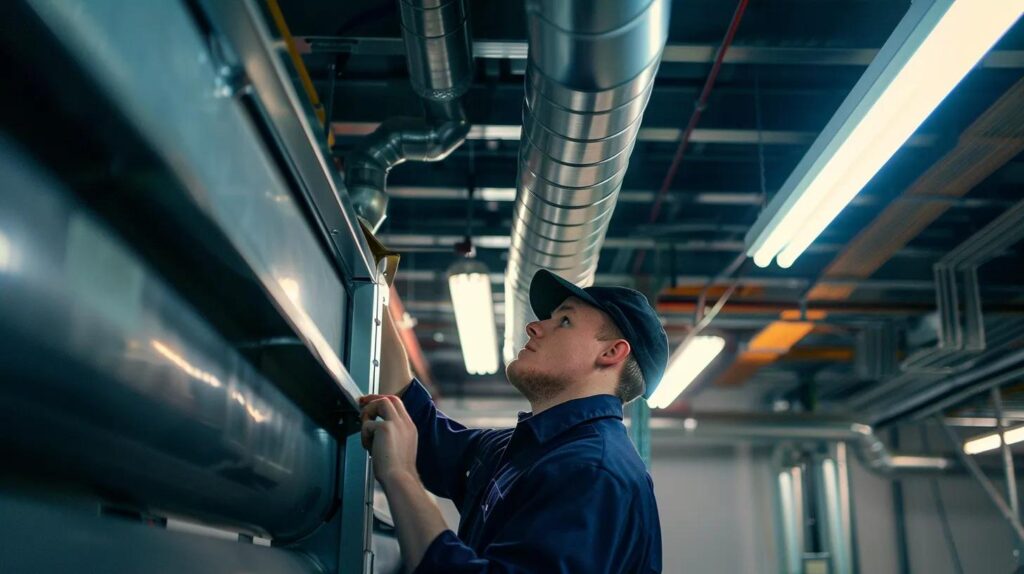 a dynamic hvac technician confidently inspects a sleek, modern heating unit within a well-organized industrial workspace, illuminated by bright overhead lights, highlighting the professionalism and efficiency of sayreville hvac services.