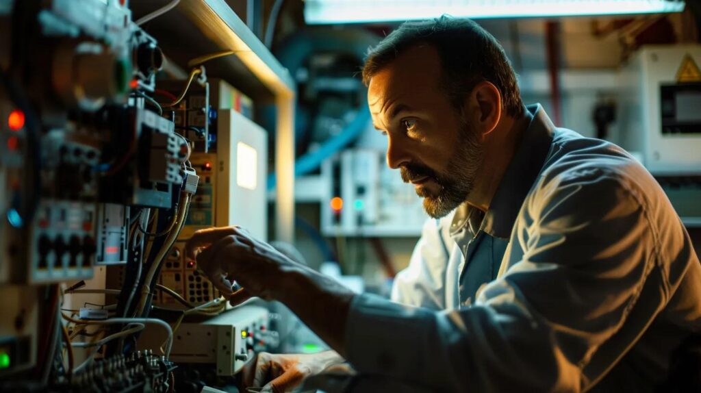 a focused technician analyzes a complex hvac control panel in a dimly lit office, surrounded by tools and diagnostic equipment, conveying a sense of expertise and problem-solving.
