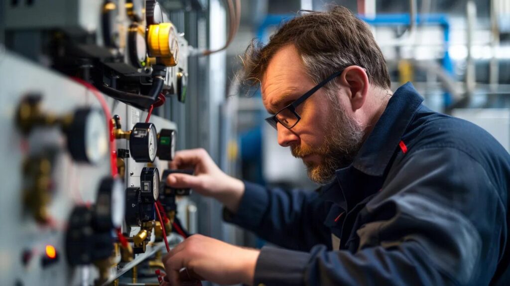 a focused technician in a modern hvac service center examines an intricate control panel, surrounded by sophisticated diagnostic equipment, capturing the urgency and precision of emergency hvac repairs.