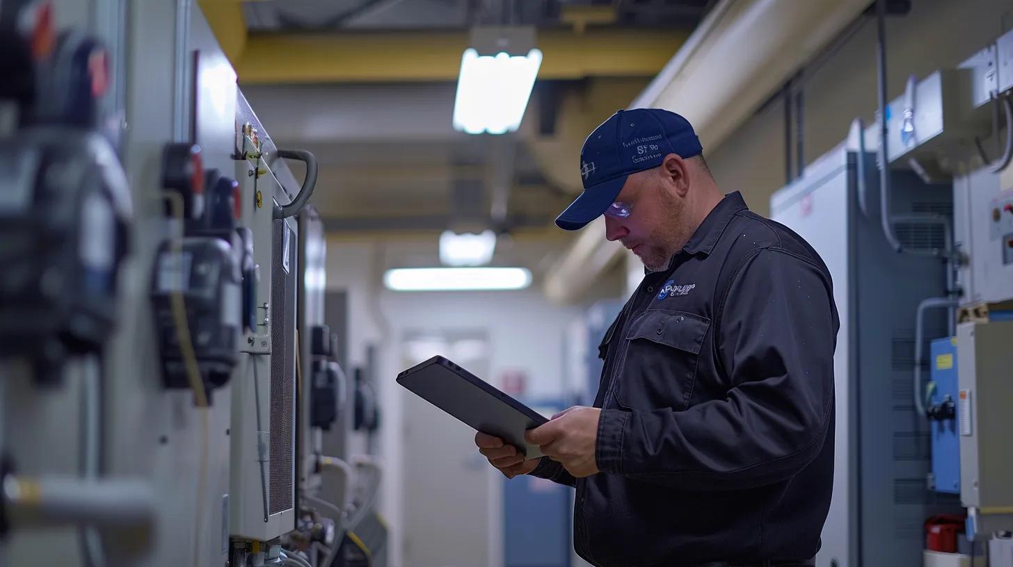 a focused view of a modern office space depicting an hvac technician examining complex machinery with a digital tablet, highlighting the urgency and professionalism required in emergency service scenarios during late hours.