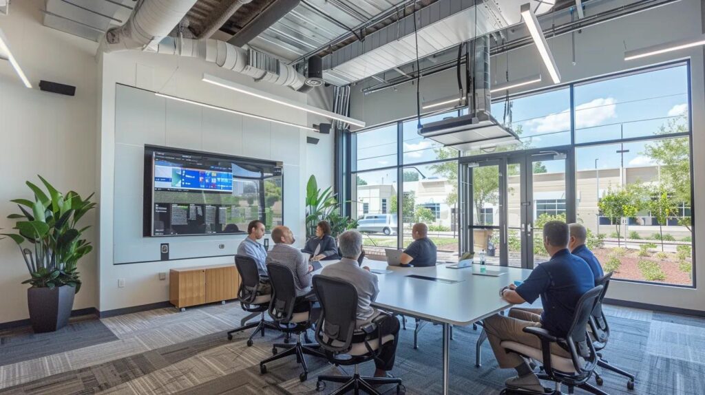 a-modern-office-conference-room-f-99601062-d257-4b11-abe7-9322308f9f63.webp a modern office conference room featuring a sleek, high-tech hvac system prominently displayed, surrounded by a diverse group of confident homeowners engaging in a discussion about energy efficiency and comfort reliability.