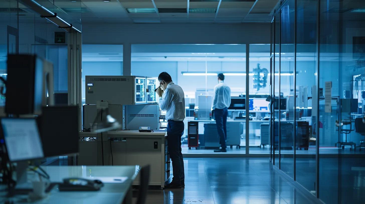 a modern office scene showcases a technician in a sleek hvac repair facility, meticulously inspecting advanced equipment, surrounded by digital displays illustrating energy savings and system efficiency data, emphasizing the importance of preventative maintenance for cost savings.