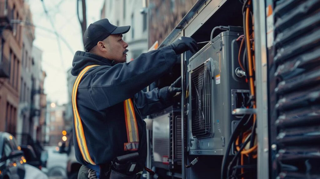 a-modern-technician-in-a-professi-a811bc1c-d96f-4e88-a971-15d6f1f39f90.webp a modern technician in a professional uniform expertly adjusts a high-efficiency hvac system within a bright, organized service truck parked in an urban metuchen street, highlighting the theme of reliable heating and cooling services.