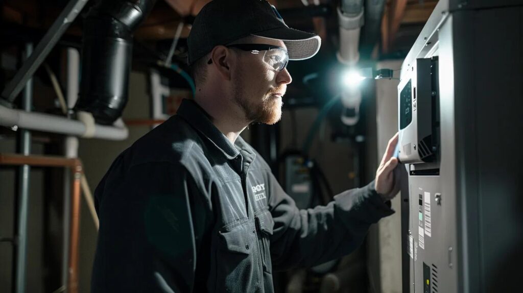 a professional hvac technician meticulously inspects a sleek residential furnace in a modern basement, illuminated by focused overhead lighting that highlights the intricate details of the equipment.