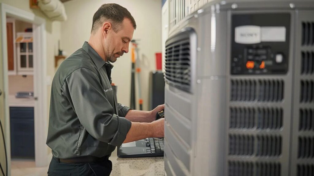 a professional technician in a crisp uniform inspects a sleek, modern air conditioning unit in a well-lit, organized home setting, showcasing expertise and reliability in hvac repair services.
