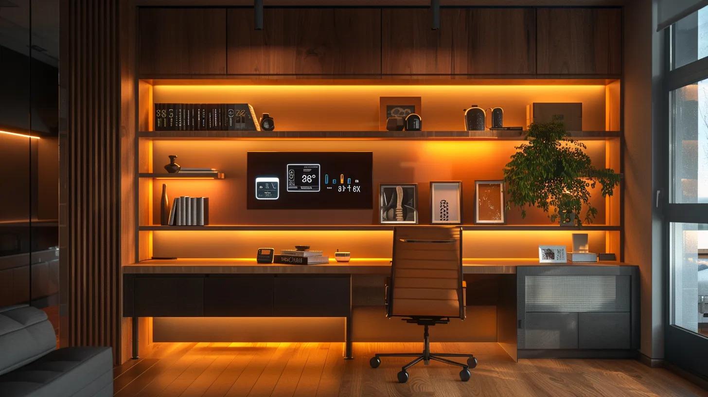 a sleek, modern home office featuring a high-tech smart thermostat prominently displayed on the wall, illuminated by warm ambient lighting, conveying a sense of advanced energy management and home automation. a sleek, modern home office featuring a high-tech smart thermostat prominently displayed on the wall, illuminated by warm ambient lighting, conveying a sense of advanced energy management and home automation.