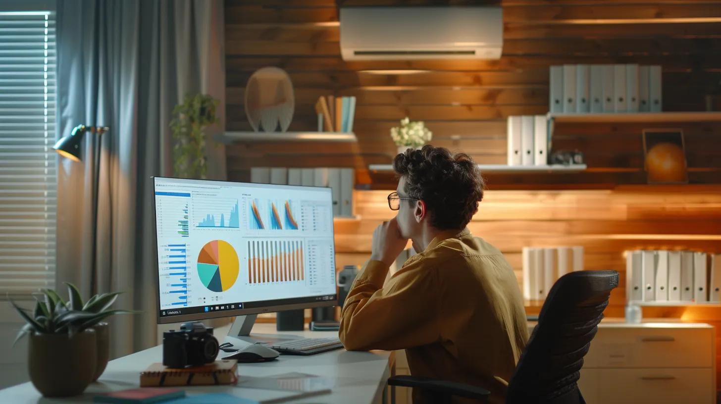 a sleek, modern home office showcases a knowledgeable technician consulting with a homeowner about energy-efficient air conditioning units, surrounded by colorful charts and informative brochures highlighting seer ratings and unit specifications against a backdrop of contemporary decor.