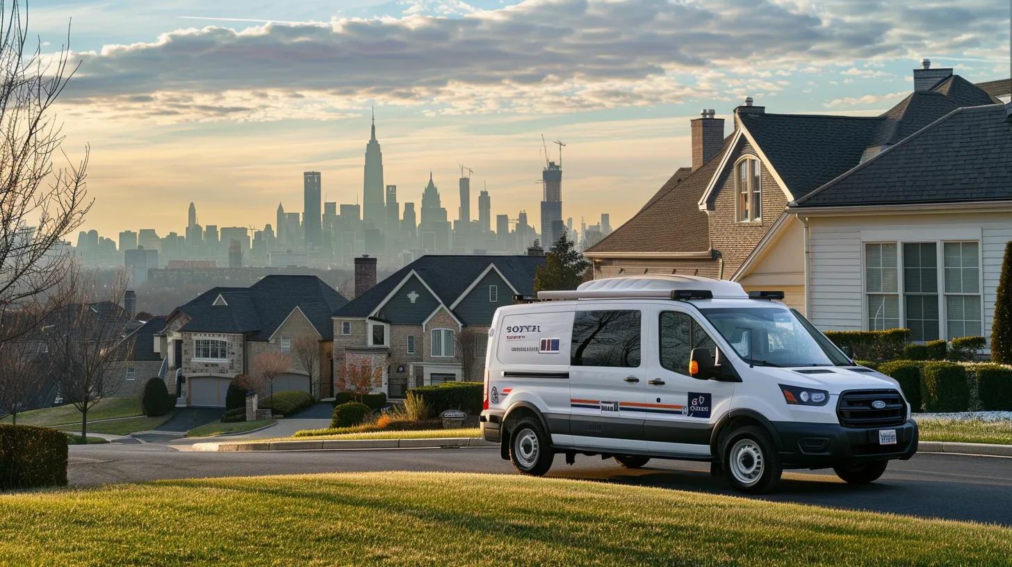 a sleek, modern hvac service vehicle parked in front of a well-maintained suburban home, with the city's skyline visible in the background, emphasizing delco air's expansive service area beyond monroe, nj.