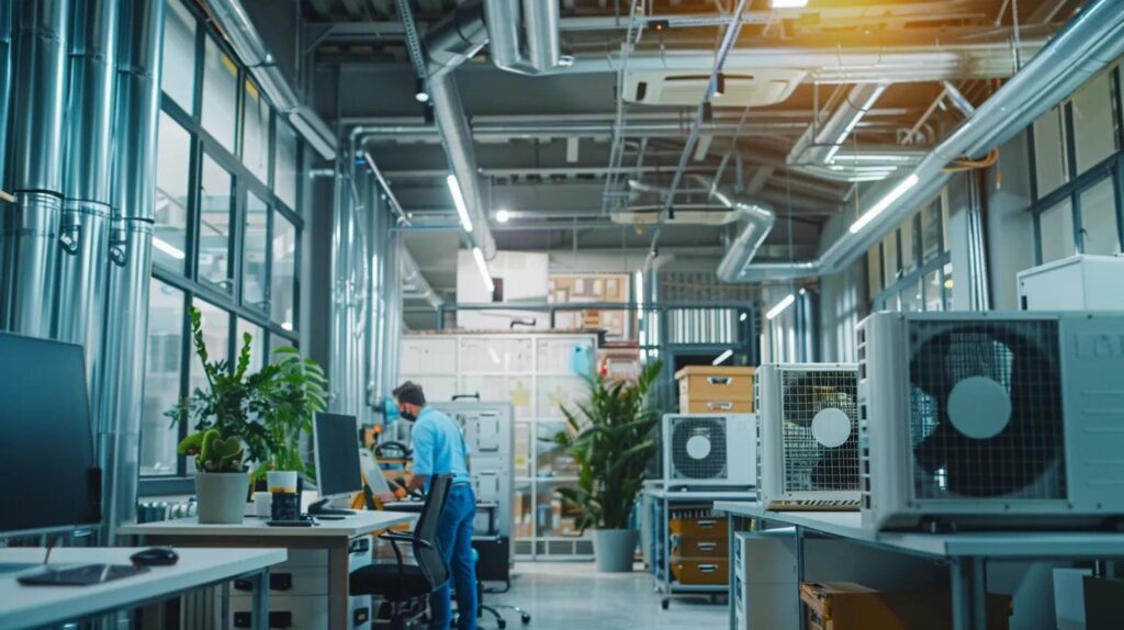 a sleek, modern office environment showcases hvac contractors in action, meticulously servicing advanced heating and cooling units, with tools and technology expertly arranged around them.