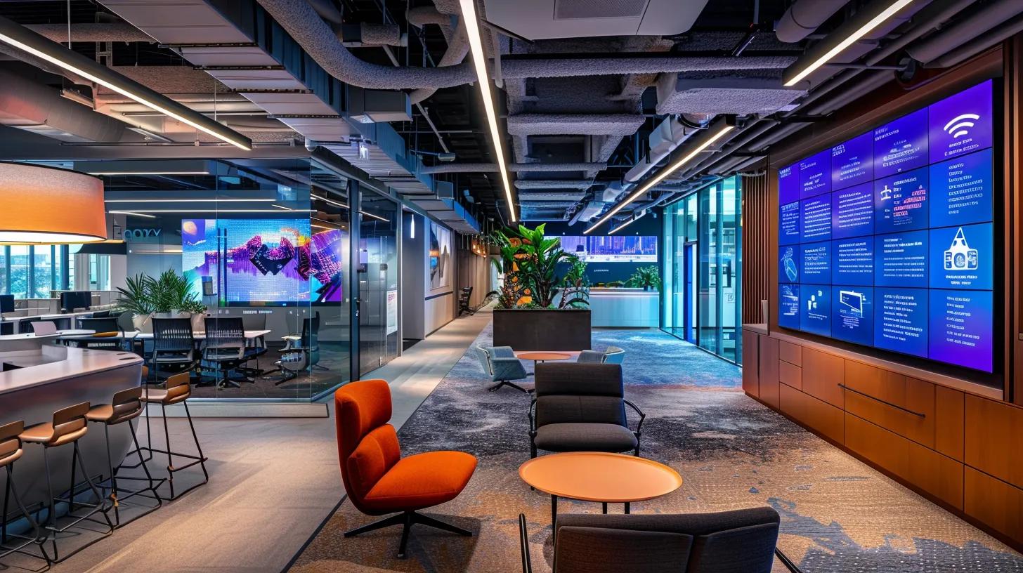a sleek, modern office environment showcasing a digital display of hvac service comparisons, with vibrant infographics highlighting repair types and costs, all under intelligent led lighting to emphasize the importance of energy efficiency and indoor air quality.