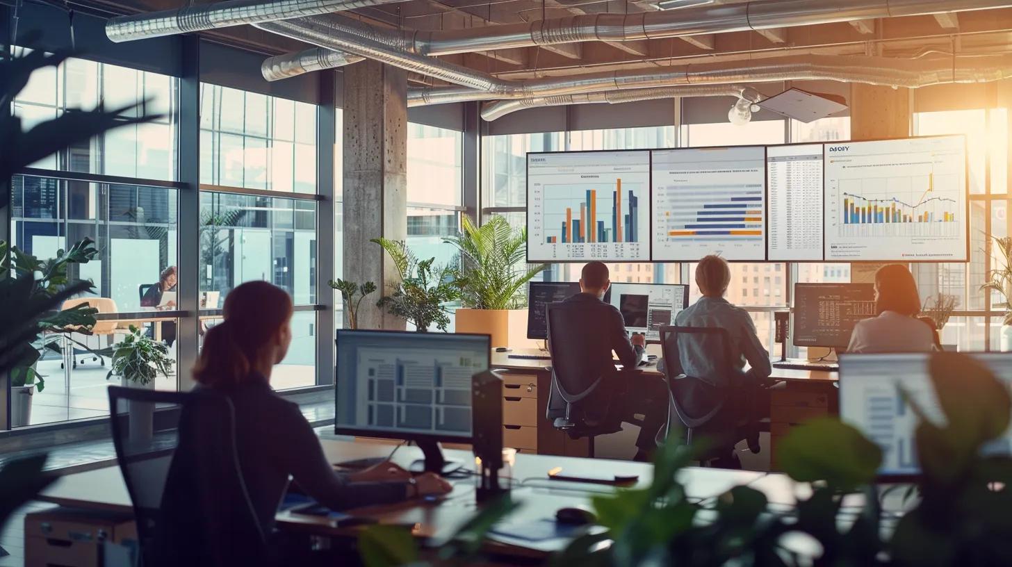 a sleek, modern office space filled with hvac professionals reviewing comparative charts and graphs on large screens, highlighting service options and pricing strategies for heating and cooling solutions in a vibrant urban setting.