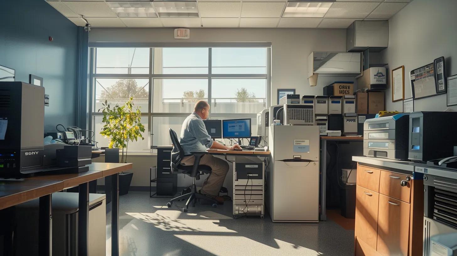 a sleek office environment showcases a technician performing a meticulous inspection of a high-efficiency hvac unit, surrounded by modern equipment and diagnostic tools, emphasizing the importance of preventative maintenance for optimal energy performance. a sleek office environment showcases a technician performing a meticulous inspection of a high-efficiency hvac unit, surrounded by modern equipment and diagnostic tools, emphasizing the importance of preventative maintenance for optimal energy performance.