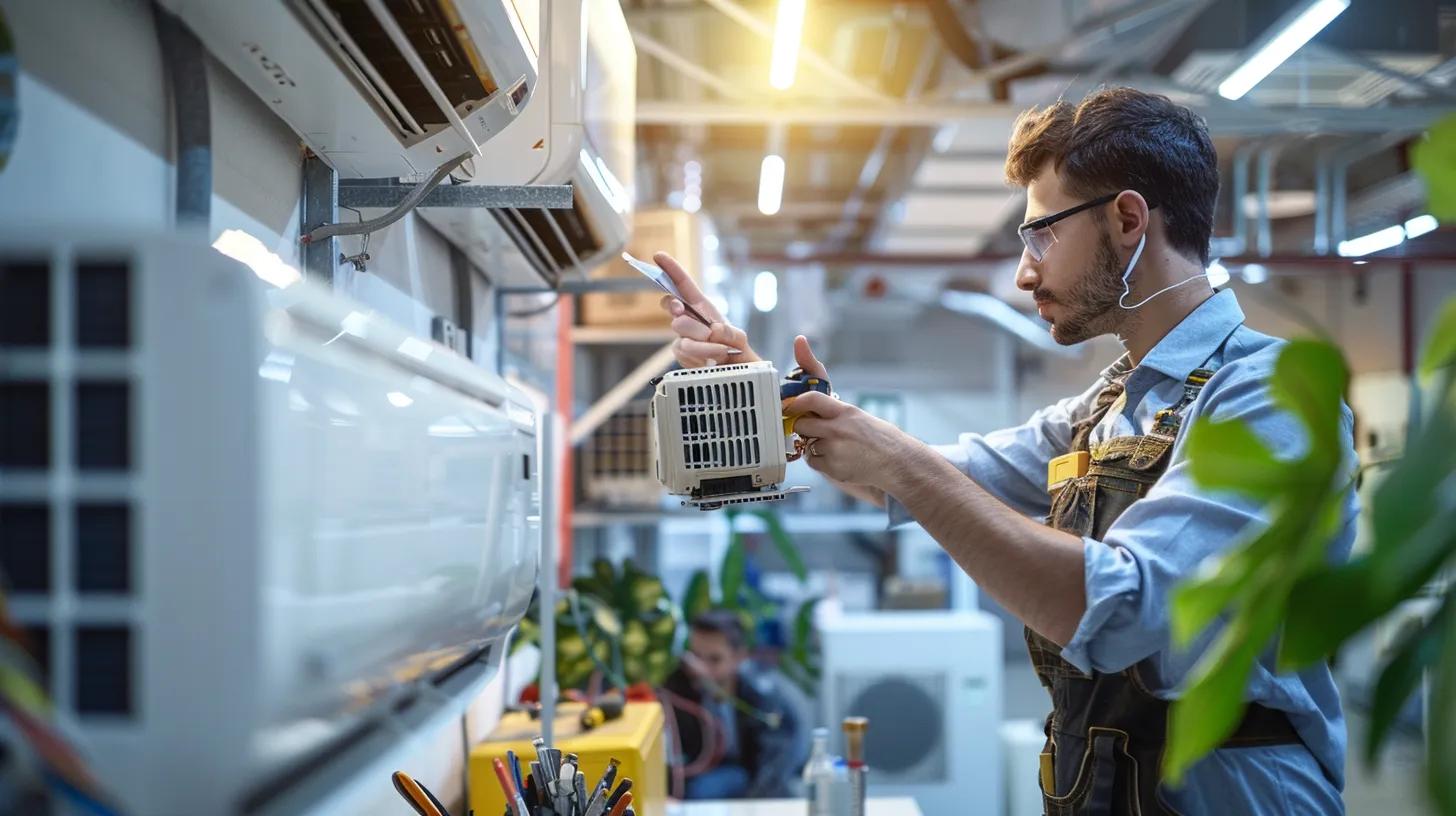 a technician in a bright, modern office environment swiftly assesses a malfunctioning air conditioning unit, surrounded by tools and equipment, conveying urgency and expertise in emergency ac repair.