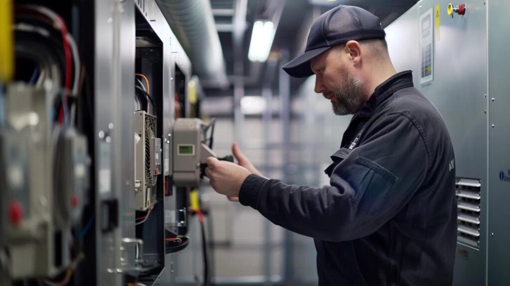 of-a-a-certified-technician-inspe-a1be43a2-6d97-4671-aee3-55b82b569a5f.webp a certified technician inspects a modern air conditioning unit in a clean, well-lit service area, showcasing state-of-the-art tools and equipment that emphasize professionalism and expertise in repair services.