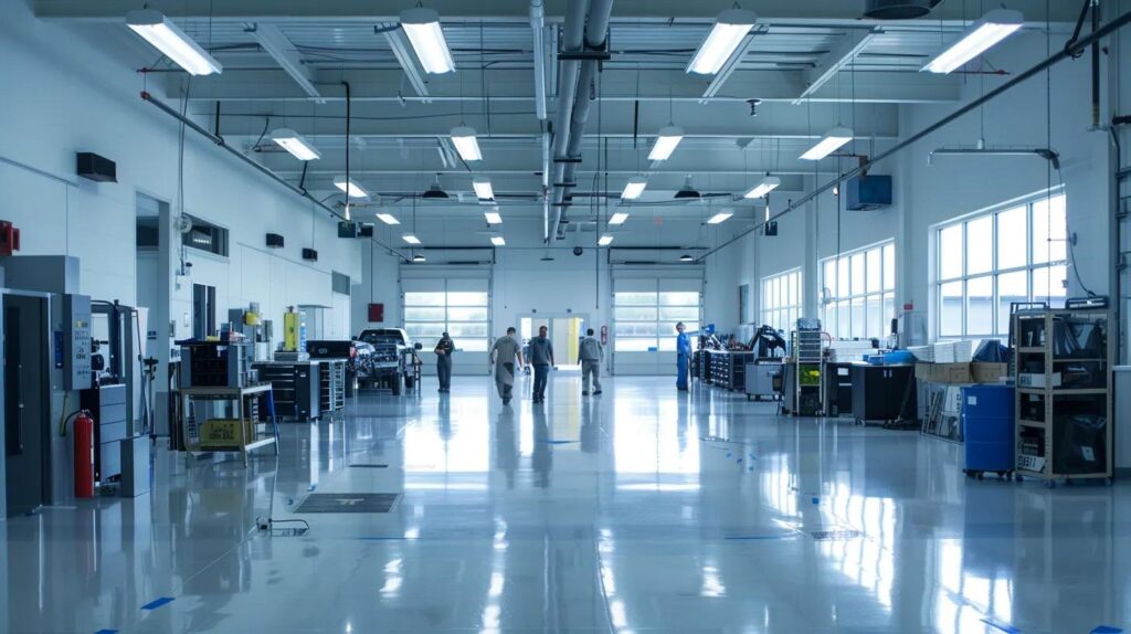a clean, modern service center with technicians in uniform proactively diagnosing hvac systems, illuminated by bright overhead lighting, conveying professionalism and reliability in heating and cooling services.