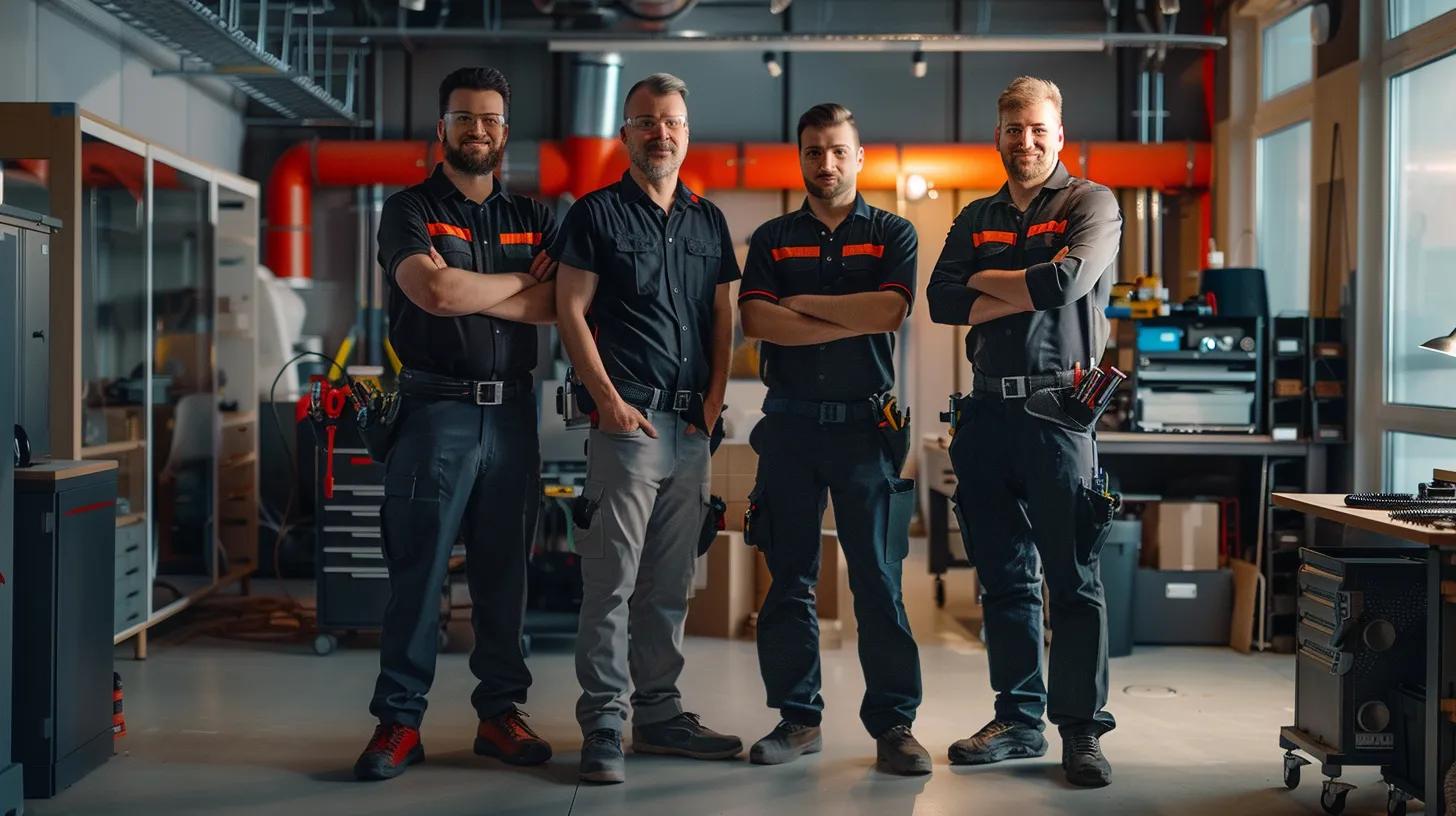 a confident team of hvac technicians stands proudly in a modern office environment, showcasing their professionalism and expertise with tools and equipment expertly arranged around them against a sleek urban backdrop. a confident team of hvac technicians stands proudly in a modern office environment, showcasing their professionalism and expertise with tools and equipment expertly arranged around them against a sleek urban backdrop.
