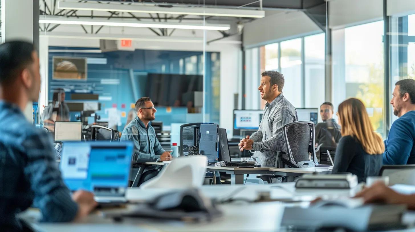 a dynamic, well-lit office environment showcases a diverse team of certified hvac technicians engaged in a collaborative discussion around high-tech diagnostic equipment, emphasizing their professionalism and expertise in delivering efficient service. a dynamic, well-lit office environment showcases a diverse team of certified hvac technicians engaged in a collaborative discussion around high-tech diagnostic equipment, emphasizing their professionalism and expertise in delivering efficient service.