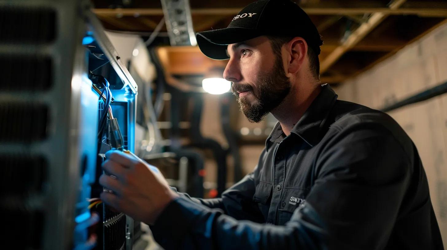 a focused shot of a modern hvac technician expertly assessing a high-efficiency air conditioning unit in a sleek, well-lit residential basement in sayreville, showcasing professionalism and cutting-edge equipment. a focused shot of a modern hvac technician expertly assessing a high-efficiency air conditioning unit in a sleek, well-lit residential basement in sayreville, showcasing professionalism and cutting-edge equipment.