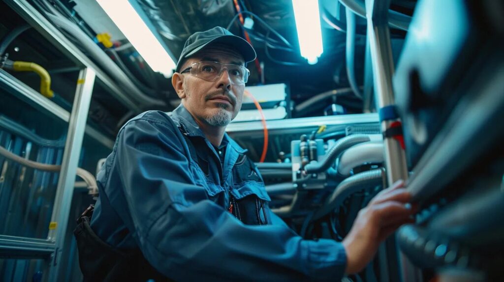 a focused shot of a professional hvac technician in a crisp uniform, illuminated by the warm glow of overhead lights in a bustling service van, showcasing high-tech equipment ready for emergency installation in a modern urban setting.