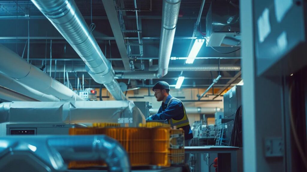 a focused technician inspects an intricate hvac system inside a modern cranford office building, surrounded by blueprints and diagnostic equipment, under bright overhead lighting.
