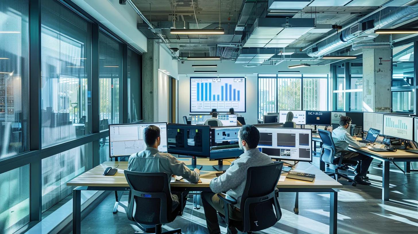 a modern, bustling office environment showcases a team of professional technicians efficiently diagnosing hvac equipment while screens display real-time data analytics and service schedules for comprehensive repairs and installations. a modern, bustling office environment showcases a team of professional technicians efficiently diagnosing hvac equipment while screens display real-time data analytics and service schedules for comprehensive repairs and installations.