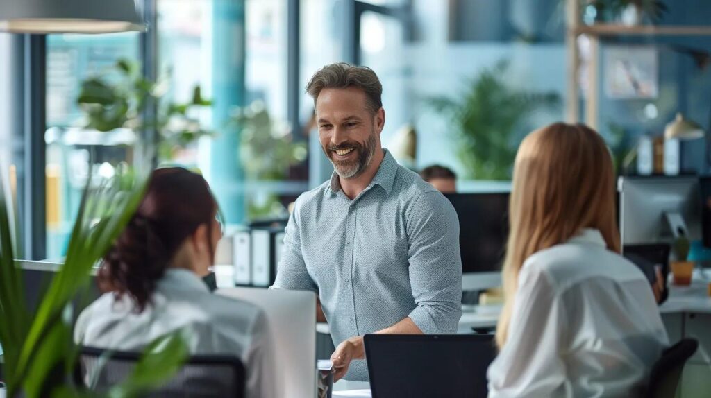 a modern, bustling office environment showcases a confident hvac technician in a crisp uniform, expertly discussing efficient heating and cooling solutions with engaged homeowners, emphasizing delco air's commitment to technical expertise and customer satisfaction.