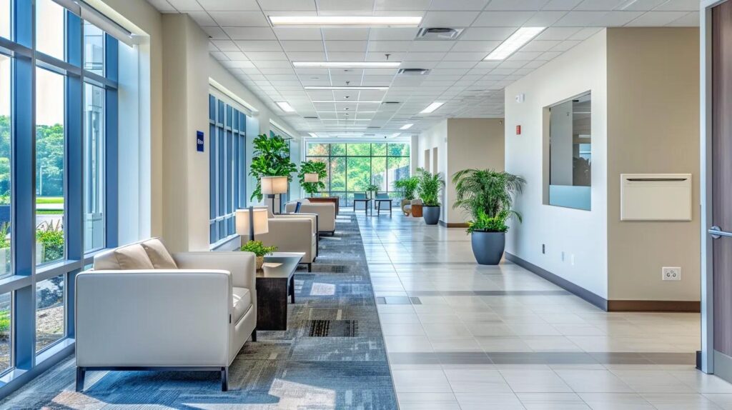 a modern office environment in manalapan, nj, features a sleek hvac system prominently displayed, showcasing an inviting atmosphere with comfortable seating and bright, efficient lighting that conveys the message of affordable year-round comfort.