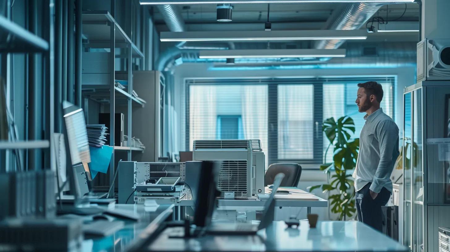a modern office environment showcases a professional hvac technician expertly inspecting a sleek, energy-efficient hvac system, emphasizing innovative solutions tailored for sayreville residents.