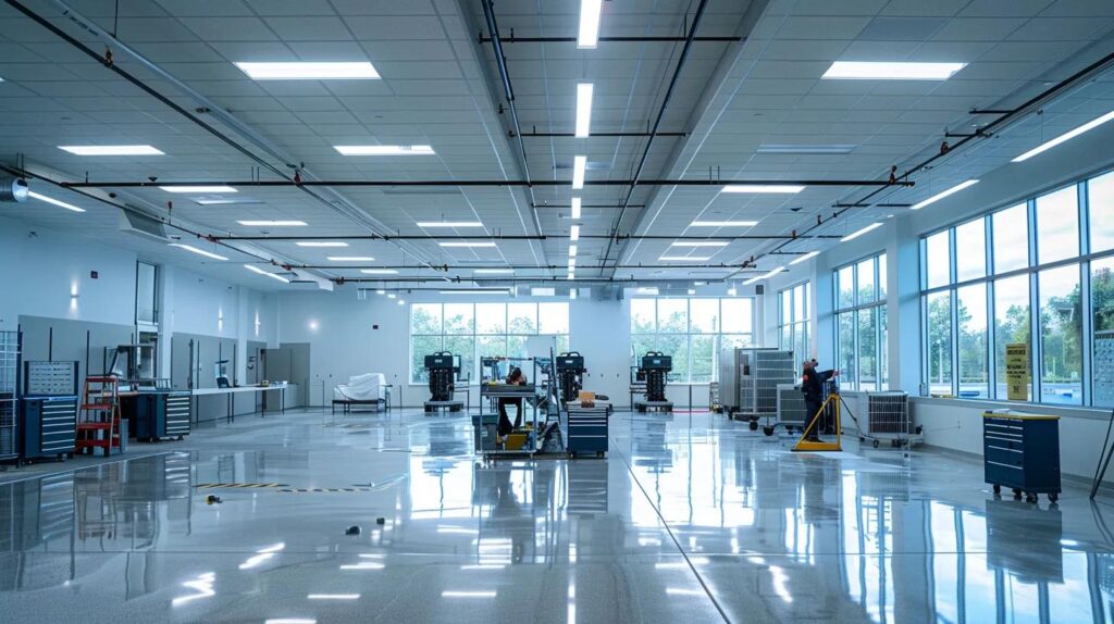 a modern office space in monroe, nj, showcasing an hvac technician expertly installing a sleek, energy-efficient system, with tools and machinery meticulously arranged on a clean, polished floor, illuminated by bright, overhead lights.